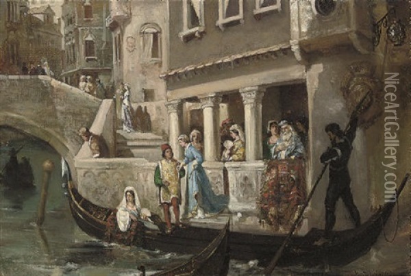 Dignitaries Boarding A Gondola On A Venetian Backwater Oil Painting - Vasili Aleksandrovich Kotarbinsky