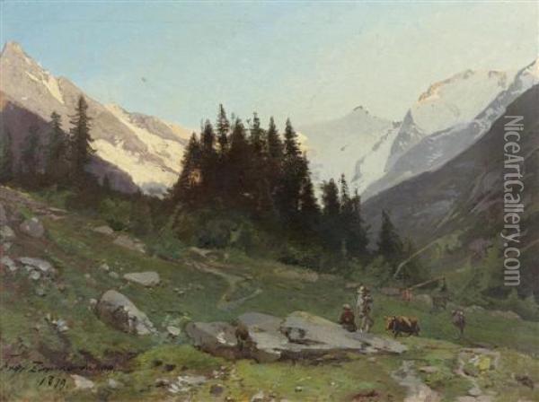 Gebirgslandschaft Mit Personen Und Kuhen. 1897. Oil Painting - Friedrich Zimmermann