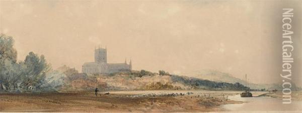 Tewkesbury Abbey From Severn Ham Oil Painting - William Callow