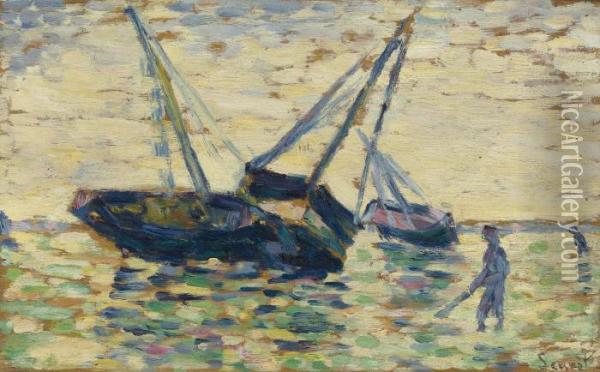 Trois Bateaux Et Un Marin (etude Pour L'echouage A Grandcamp) Oil Painting - Georges Seurat