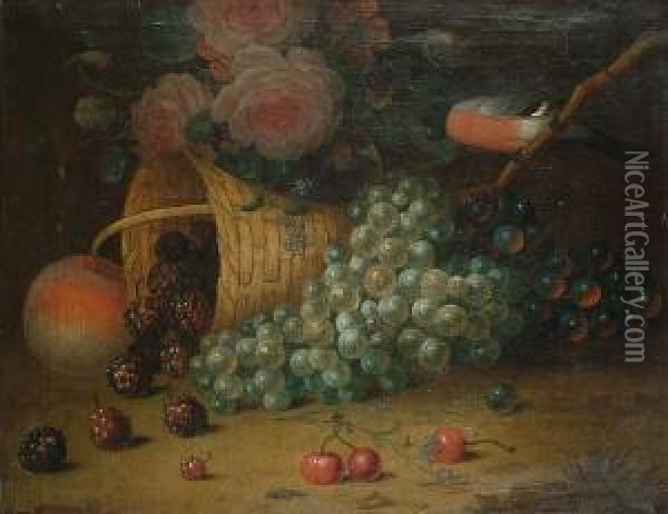 Still Life Of Grapes, Peaches, Blackberries, Cherries, Roses And A Bullfinch Oil Painting - William Jones Of Bath