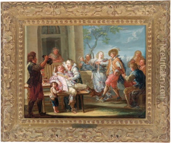 Frohliche Gesellschaft Bei Wein Und Tanz Im Freien Oil Painting - Johann Georg Platzer