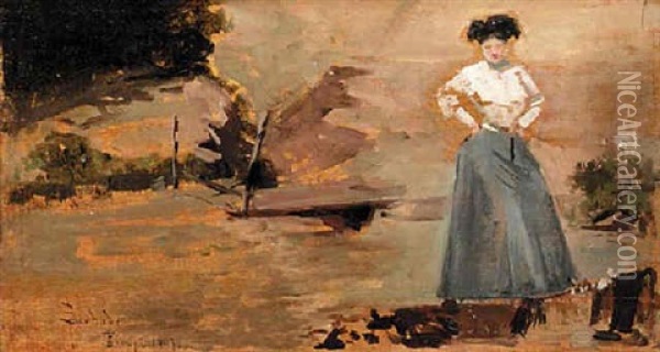 A Lady Standing Near A Stream Oil Painting - Salvador Sanchez Barbudo