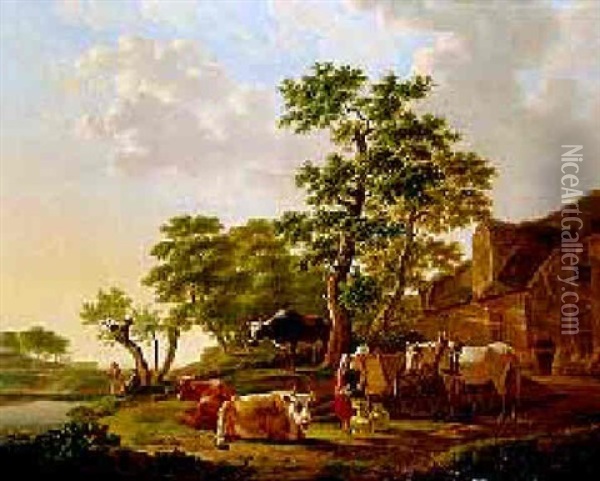 A Milkmaid And Cattle By A Farm On A Sunny Afternoon Oil Painting - Gillis Smak Gregoor