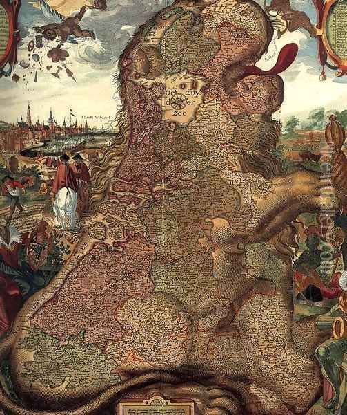 Lion Map (Leo Belgicus) (detail) Oil Painting - Nicolaes (Claes) Jansz Visscher
