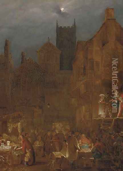 Figures in a moonlit market before an open theatre Oil Painting - Condy, Nicholas Matthews