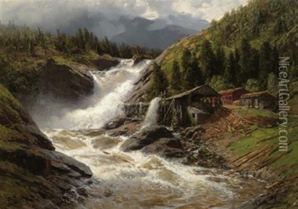 Norwegischer Wasserfall Mit Sagemuhle Oil Painting - Karl Paul Themistocles von Eckenbrecher