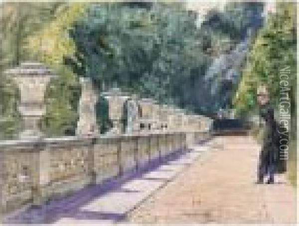 Promenade Im Park Von Sanssouci (a Walk In The Gardens Of Sanssouci) Oil Painting - Franz Skarbina