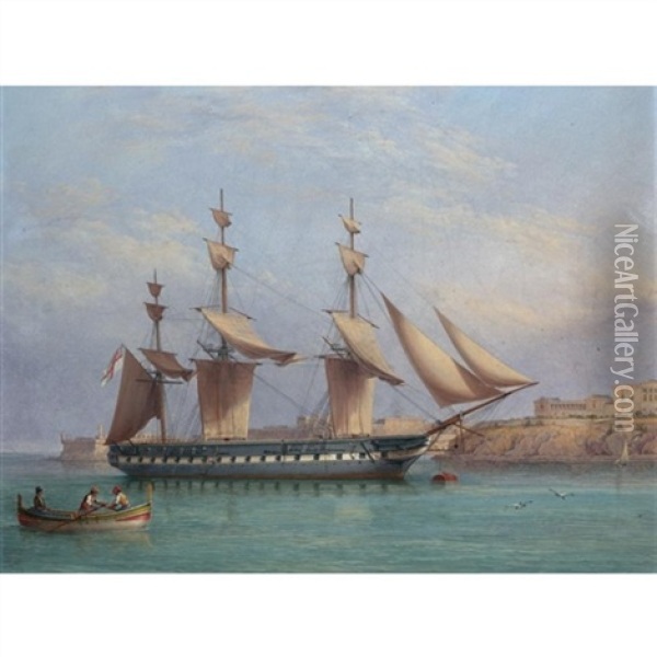 H.m.s. Arethusa Entering Valetta Harbour Oil Painting - Joseph Schranz