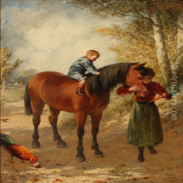Mother And Son Rewards The Horse With A Carrot Oil Painting - Trajan Hughes