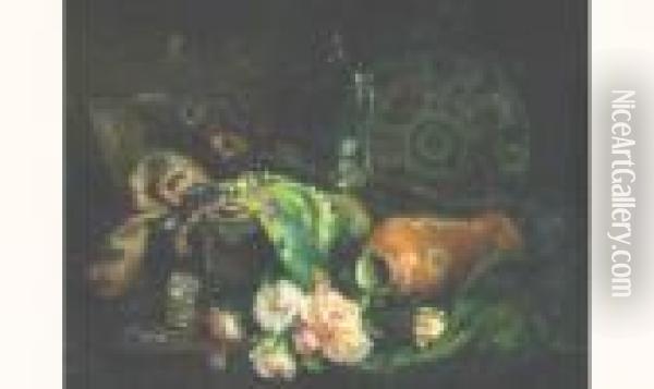 Composition Aux Roses, Plumes De Paons, Collier De Perles Et Etoffes Sur Un Entablement Oil Painting - Eugene Henri Cauchois