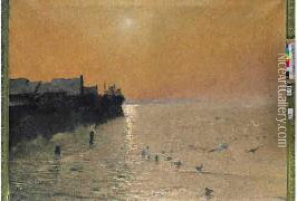 Coucher De Soleil Sur La Mer A Saint-paer Pres De Granville, 1893. Oil Painting - Gaston de Latouche