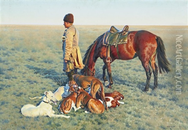 A Cossack With His Horse And Resting Dogs Oil Painting - Hugo Ungewitter