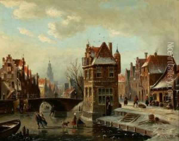 Canal Scene With Skaters Oil Painting - Johannes Franciscus Spohler