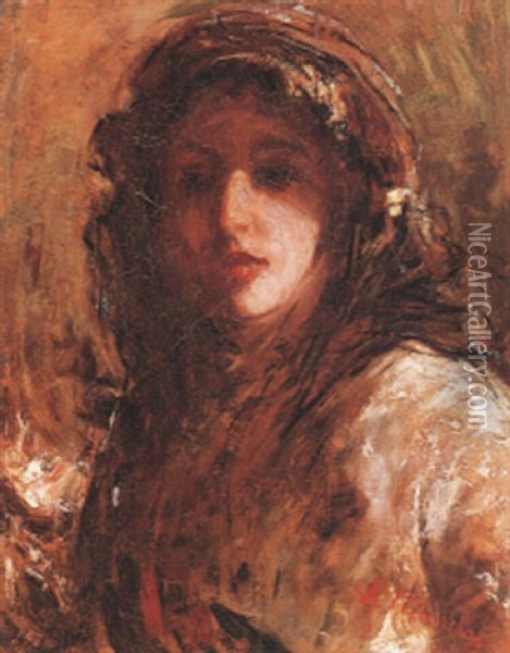Bust Of A Young Woman Oil Painting - Antonio Mancini