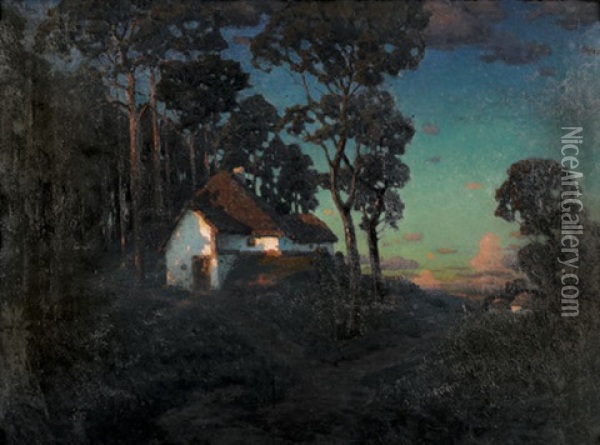 Pinienlandschaft Mit Bauernhausern Im Abendrot Oil Painting - Konstantin Haritonov Wroblewsky