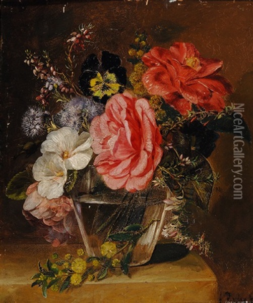 Flowers In Glass Vase On A Plinth Oil Painting - Elselina Agenita Cornelia Roeder