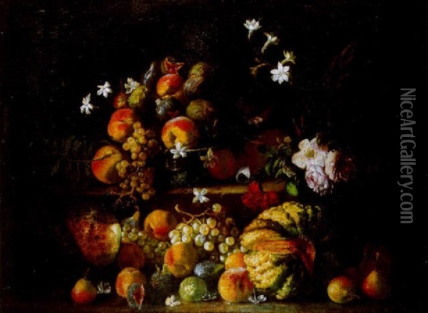 Fruit On A Ledge, Including Pears, Peaches, White Grapes, A Melon And Apples With Flowers And A Butterfly Oil Painting - Giovanni Battista Ruoppolo