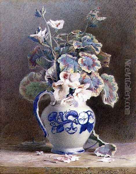 Geraniums in a China Jug, 1875 Oil Painting - Hector Caffieri