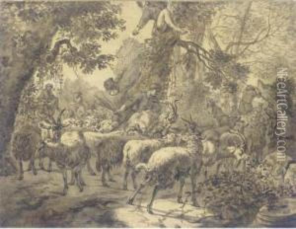 Herdsmen Driving Flocks Through A Forest Oil Painting - Jacob Van Der Does I