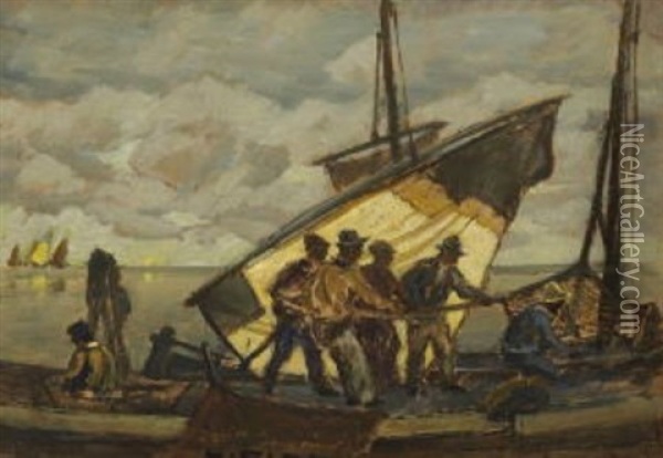 Lastschiff In Der Lagune Oil Painting - Ludwig Dill