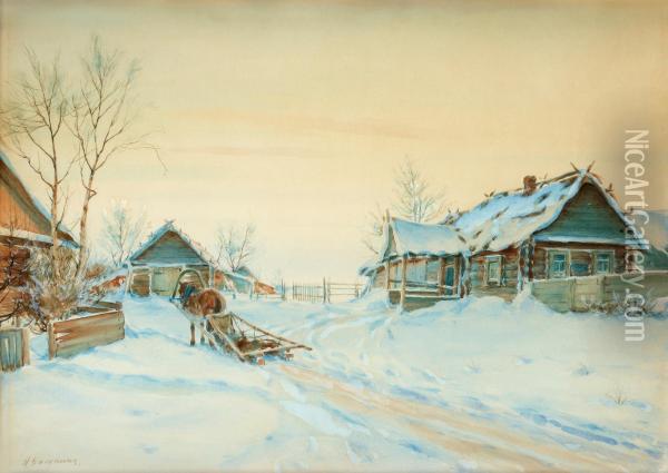 Village At Winter Oil Painting - Mikhail Abramovich Balunin