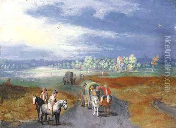 A panoramic landscape with travellers on a road, a town beyond Oil Painting - Jan Brueghel the Younger