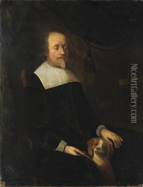 Portrait Of A Blind Man (john Milton?) Seated, In A Black Suit With A White Collar, With A Dog Oil Painting - John Riley