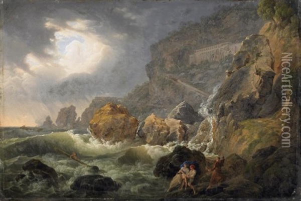 Schiffbruch Vor Der Amalfi Oil Painting - Josef Rebell