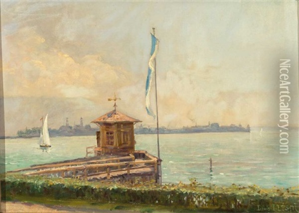 Blick Vom Schachener Ufer Mit Badehauschen Uber Den Bodensee Auf Die Insel Lindau Oil Painting - Louis Letsch