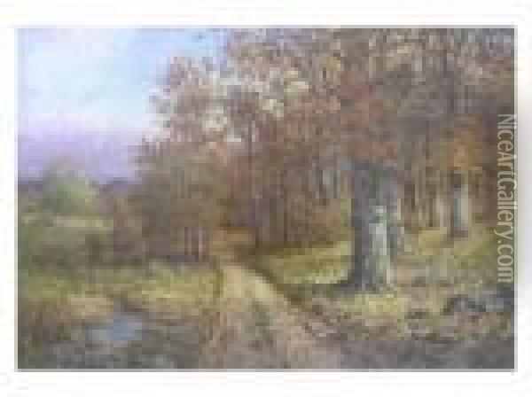 Path To Winter, An Autumn Landscape With Path Along Creek Oil Painting - John Elwood Bundy