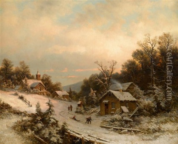 Village In Winter Oil Painting - Johann Wilhelm Lindlar