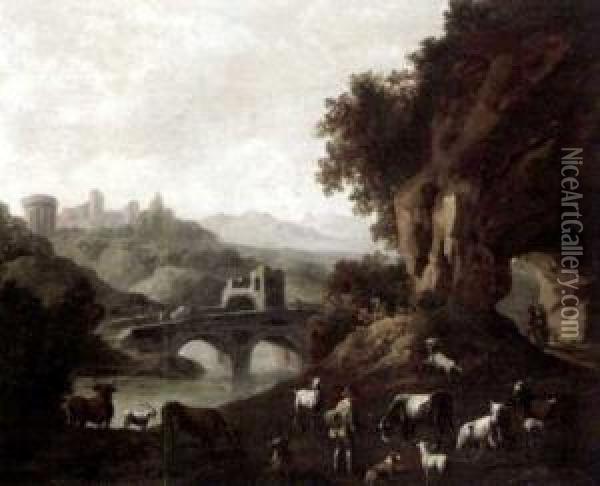 Mountainous Landscape With A Drover Guarding His Goats Oil Painting - Gaetano De Rosa