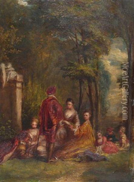 A Fete Galante Scene With Figures In Conversation Oil Painting - Watteau, Jean Antoine