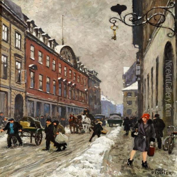 View Of Skindergade In Copenhagen On A Winter Day Oil Painting - Paul-Gustave Fischer
