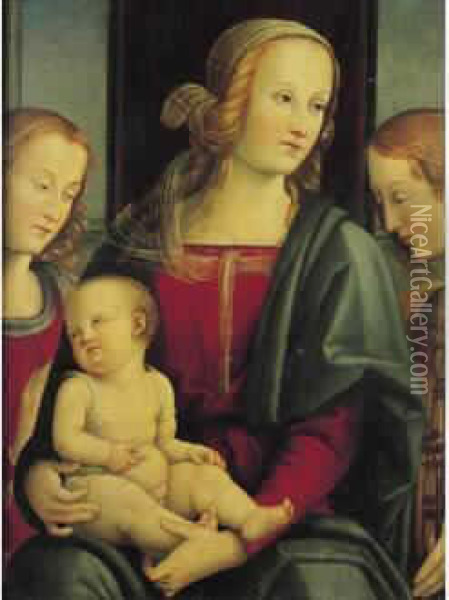 La Vierge Et L'enfant Entre Deux Anges Panneau. Oil Painting - Master Of Ponterosso