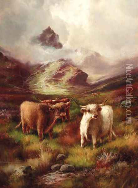 Highland cattle in a mountainous landscape Oil Painting - John Morris