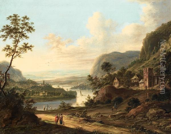 An Extensive River Landscape With Figures Resting Oil Painting - Johann Christian Vollerdt or Vollaert