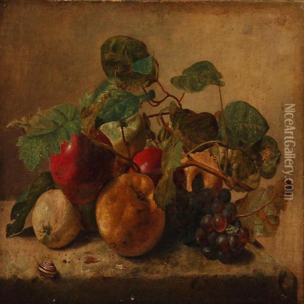Still Life With Apples, Grapes And A Snail On A Plinth Oil Painting - Jan Van Huysum