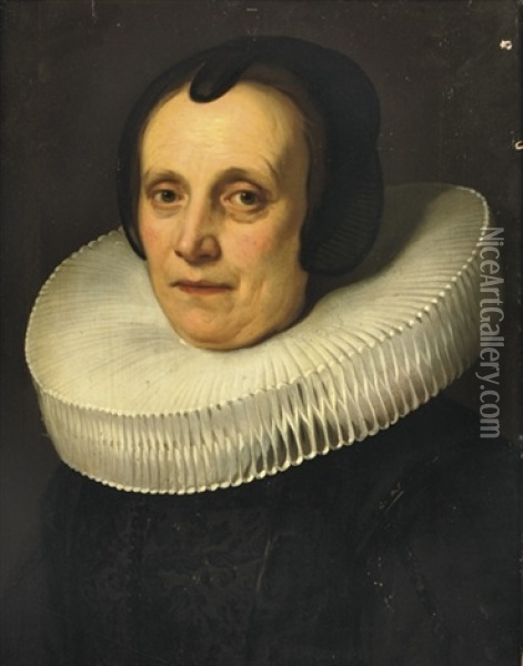 Portrait Of A Lady, In An Embroidered Black Dress With A White Molensteenkraag Oil Painting - Jacob Adriaensz de Backer