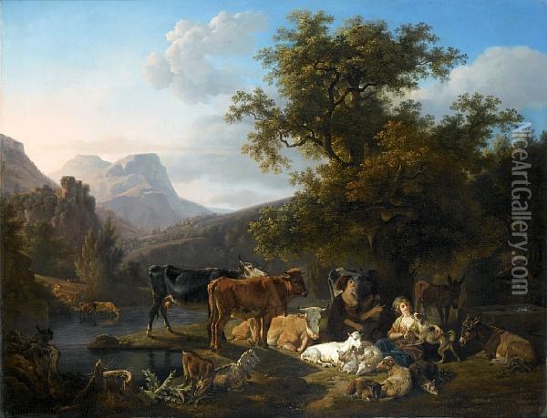 Two Shepherdesses And Their 
Flock Resting Beside A Stream, A Mountainous Landscape Beyond Oil Painting - Jean Louis (Marnette) De Marne