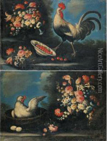 Un Gallo , Cigliegie E Fiori In Un Paesaggio; Una Chioccia E Fiori In Un Paesaggio Oil Painting - Giuseppe Pesci