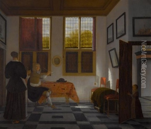Interieur Mit Einer Dame Und Einem Herren Beim Rauchen Oil Painting - Pieter Janssens Elinga