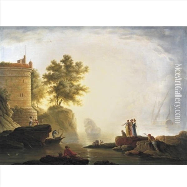 Port Scene With Elegant Figures And Fishermen Oil Painting - Jean Henry d' Arles