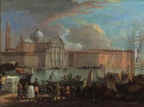 San Giorgio Maggiore, Venice, With A Fish Market Oil Painting - Luca Carlevarijs