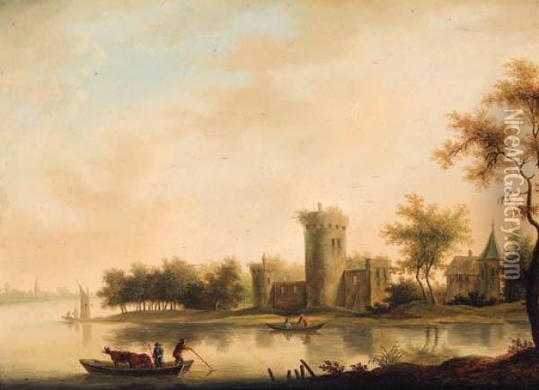 A River Landscape With A Ferry Before A Tower And A Church Oil Painting - Johann Christian Vollerdt or Vollaert