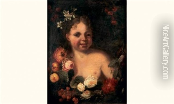 Jeune Enfant Dans Une Guirlande De Fleurs Et De Fruits (collab. W/guillaume Courtois) Oil Painting - Abraham Brueghel