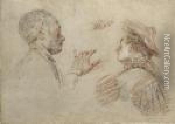 Two Men, Bust-length And Wearing Hats, With Subsidiary Studies Of Two Hands Oil Painting - Watteau, Jean Antoine