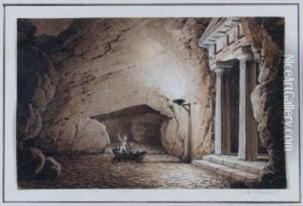 Fackelbeleuchtete Grotte Mit Tempel Und Kleinem Boot. Oil Painting - Otto Wagner