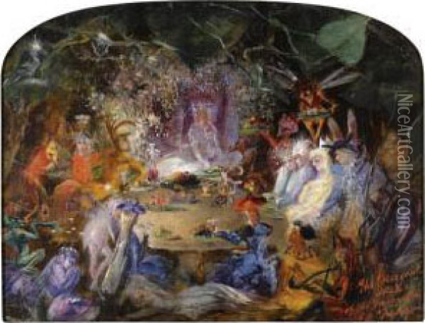 Sketch For The Fairy's Banquet (recto); Giving Alms (verso) Oil Painting - John Anster Fitzgerald
